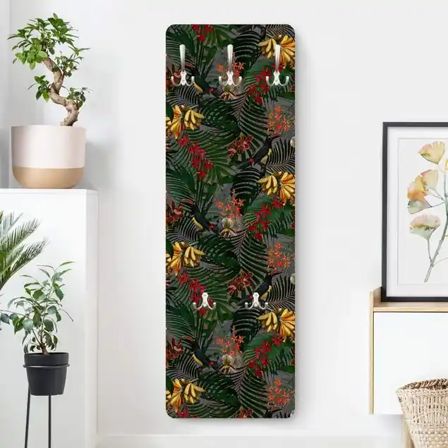 Sonderangebot Tropische Farne mit Tucan Grün Wandgarderobe