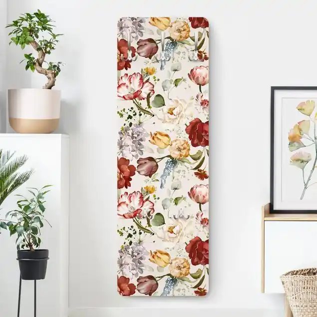 Blumen Aquarell Vintage Muster auf Beige Wandgarderobe Neue Kollektion