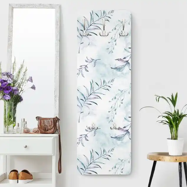 Neuheit Aquarellzweige in Mintblau Wandgarderobe Holzpaneel