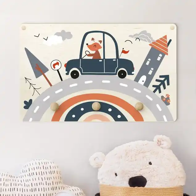 Super-Preis Fröhlicher Fuchs am Steuer Kindergarderobe Holz