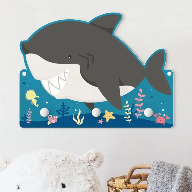Sonderangebot Grinsender Hai im Meer Kindergarderobe Holz