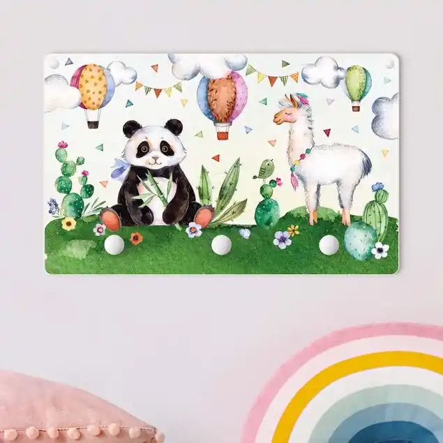Neue Kollektion Panda und Lama Aquarell Kindergarderobe Holz