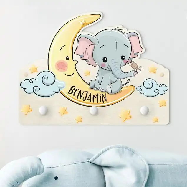 Schnäppchen Elefant Mond mit Wunschnamen Kindergarderobe Holz mit Namen
