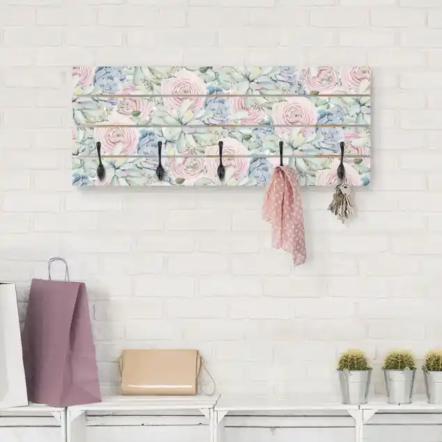 Aquarell Sukkulenten und Ranunkeln Muster Wandgarderobe Aktuell