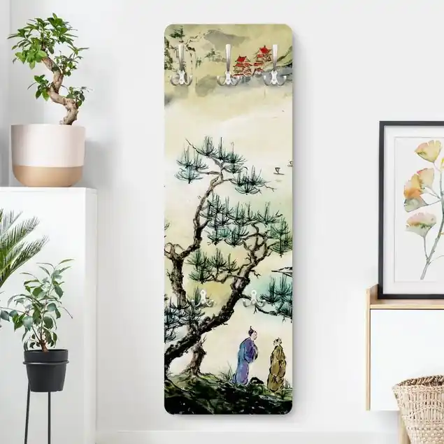 Bestseller Japanische Aquarell Zeichnung Kiefer und Bergdorf Wandgarderobe
