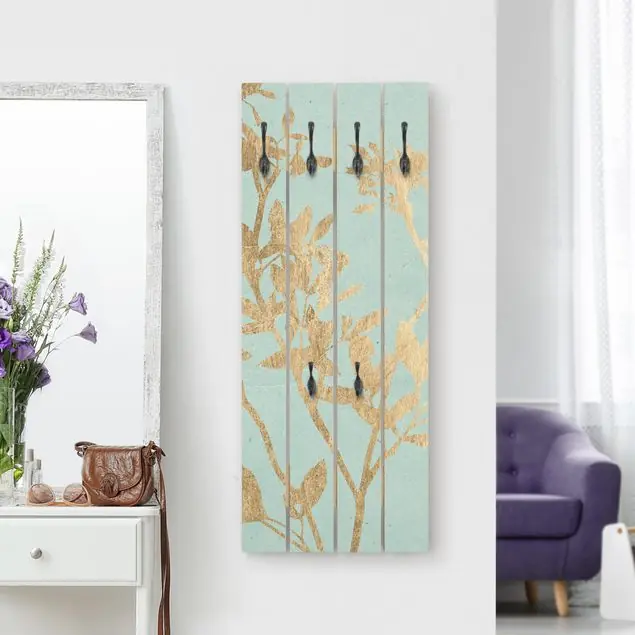 Top-Preis Goldene Blätter auf Turquoise II Wandgarderobe Holzpalette