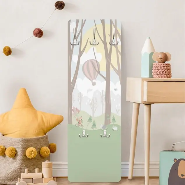 Sonne mit Bäumen und Heißluftballons Wandgarderobe Holzpaneel Bestpreis