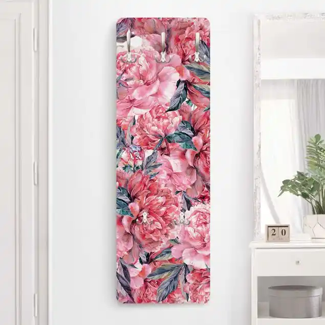 Zartes Aquarell Rote Pfingstrosen Muster Wandgarderobe Holzpaneel Markenware
