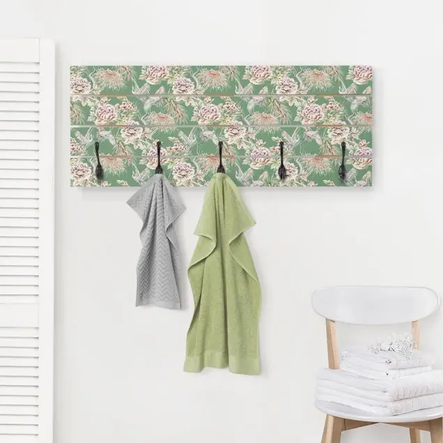 Letzte Chance Aquarell Vögel mit großen Blüten vor Grün Wandgarderobe