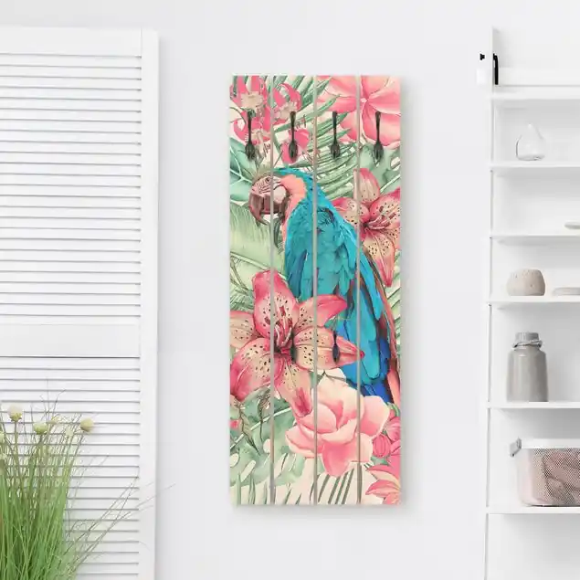 Zertifiziert Blumenparadies tropischer Papagei Wandgarderobe