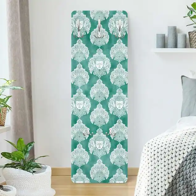 Buddha und Lotus Smaragdmuster Wandgarderobe Holzpaneel Begrenztes Angebot