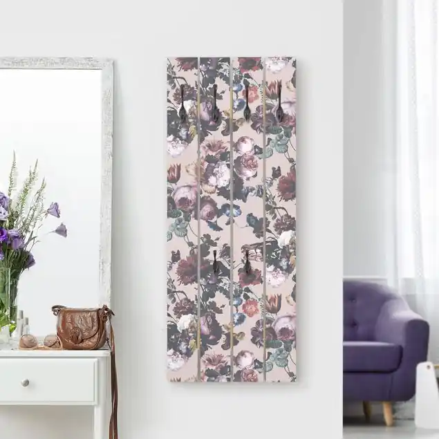 Altmeisterliche Blüten mit Tulpen und Rosen auf Rosa Wandgarderobe Preisknaller