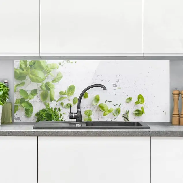 Kräuter auf Holz Shabby Glas Spritzschutz - Panorama Nur Für Kurze Zeit