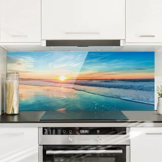 Top-Angebot Romantischer Sonnenuntergang am Meer Glas Spritzschutz - Panorama
