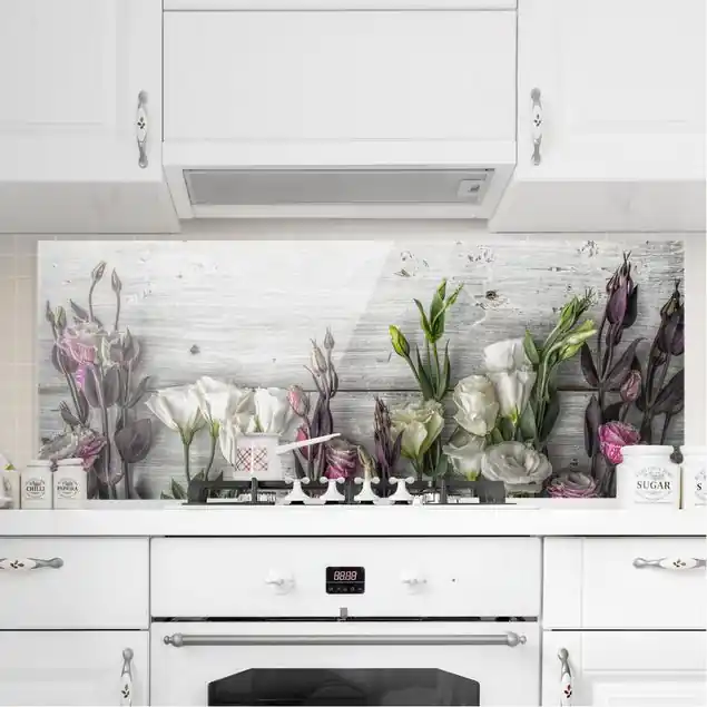 Tulpen-Rose Shabby Holzoptik Glas Spritzschutz - Panorama Gratis Versand