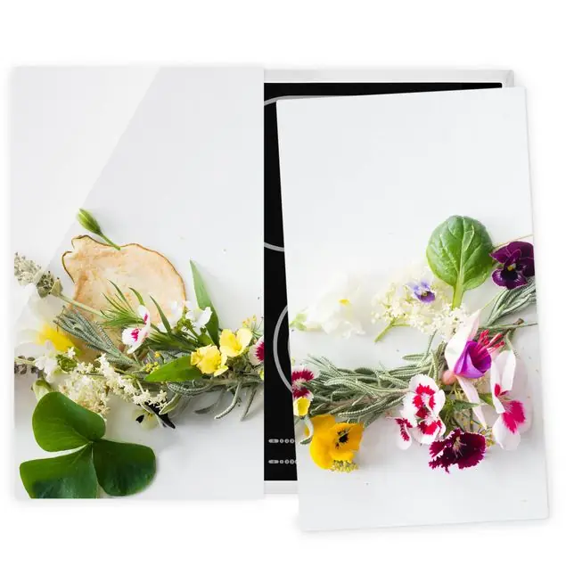 Frische Kräuter mit Essblüten 2-teilige Herdabdeckplatte Glas Mega-Angebot
