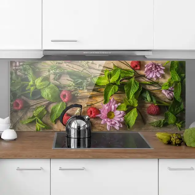 Blumen Himbeeren Minze Glas Spritzschutz - Panorama Echt