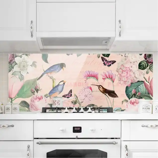 Sichere Zahlung Vintage Collage - Rosen und Vögel Spritzschutz