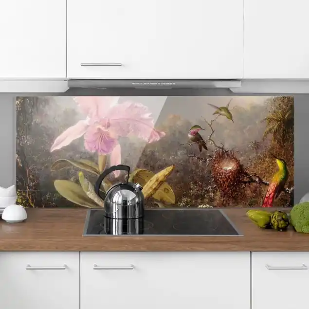 Preiswert Martin Johnson Heade - Orchidee und drei Kolibris Spritzschutz