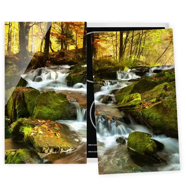 Neu Im Sortiment Wasserfall herbstlicher Wald 2-teilige Herdabdeckplatte Glas