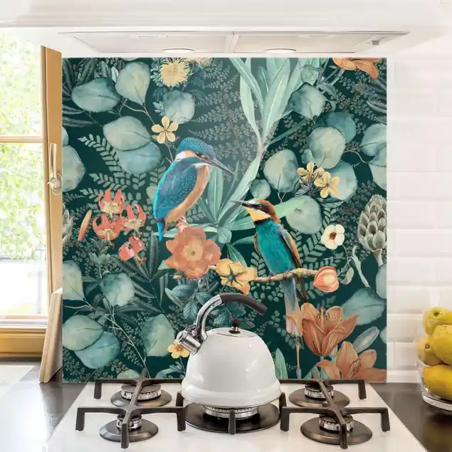 Billig Blumenparadies Eisvogel und Kolibri Spritzschutz