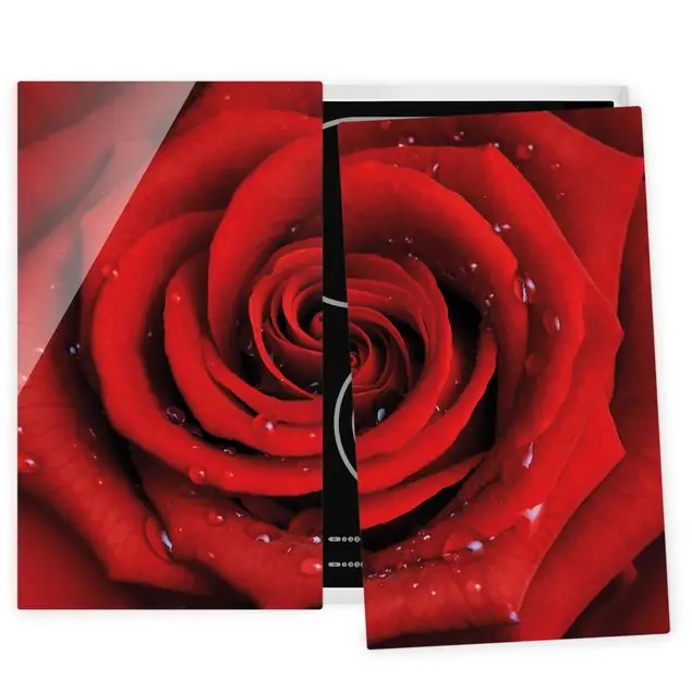 Echt Rote Rose mit Wassertropfen 2-teilige Herdabdeckplatte Glas