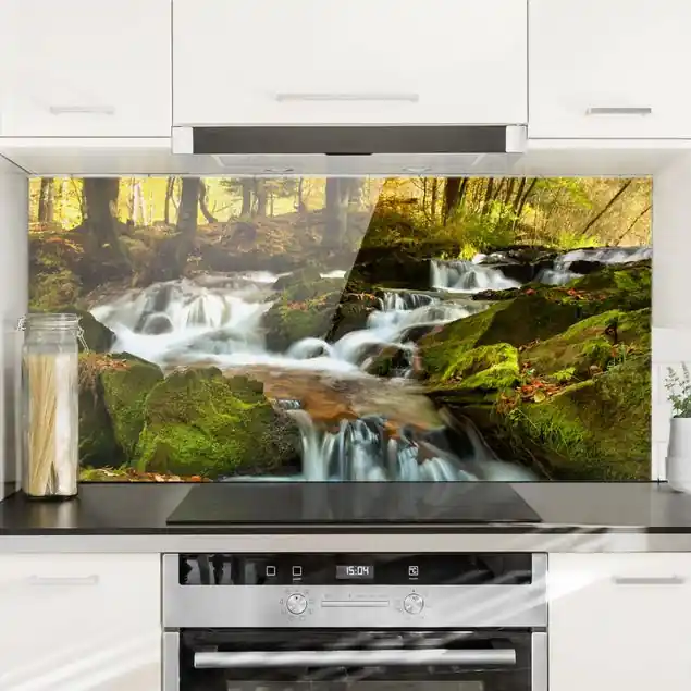 Direkt Vom Hersteller Wasserfall herbstlicher Wald Glas Spritzschutz - Querformat 2:1