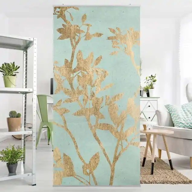 Goldene Blätter auf Turquoise II Raumteiler Zertifiziert