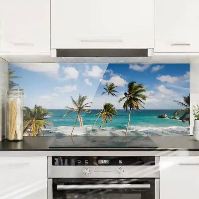 Gratis Versand Beach of Barbados Glas Spritzschutz - Panorama