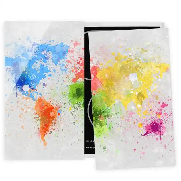 Bunte Farbspritzer Weltkarte 2-teilige Herdabdeckplatte Glas Gratis Versand