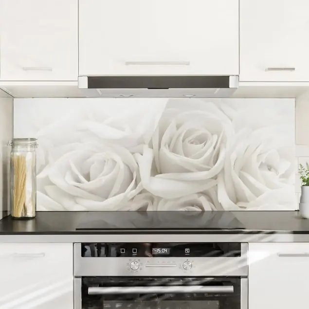 Weiße Rosen Glas Spritzschutz - Panorama Preisknaller