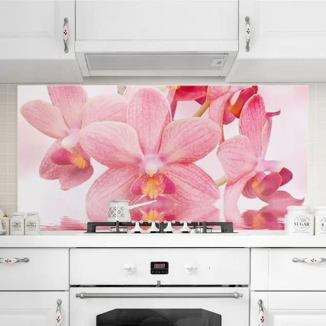 Gratis Versand Rosa Orchideen auf Wasser Glas Spritzschutz - Querformat 2:1