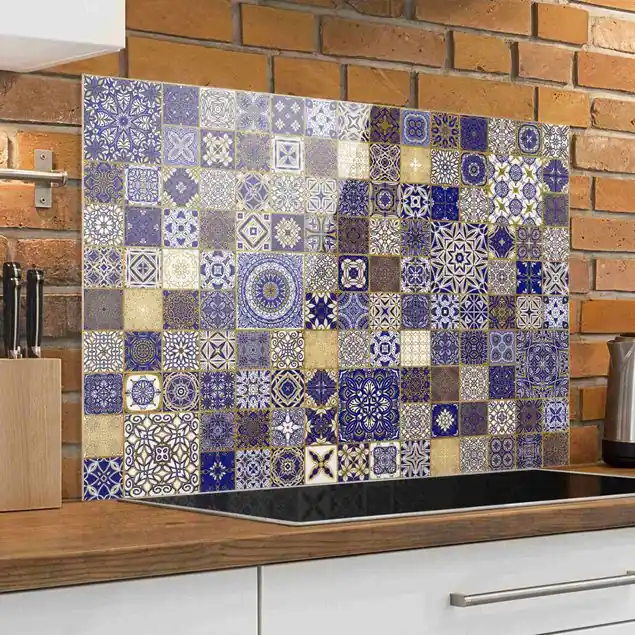Orientalische Fliesen Blau mit Goldschimmer Spritzschutz Neue Ware
