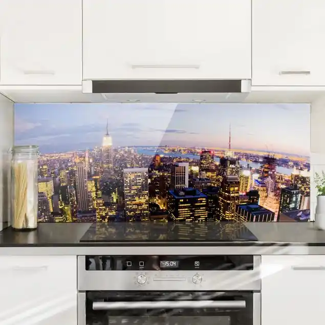 New York Skyline bei Nacht Glas Spritzschutz - Panorama Günstig