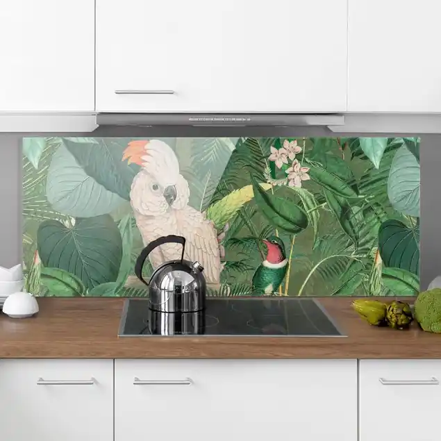 Vintage Collage - Kakadu und Kolibri Spritzschutz Direktkauf
