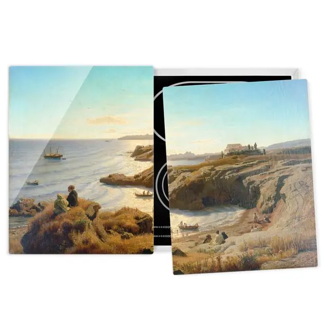 Begrenztes Angebot Andreas Achenbach - Küste bei Syrakus 2-teilige Herdabdeckplatte Glas