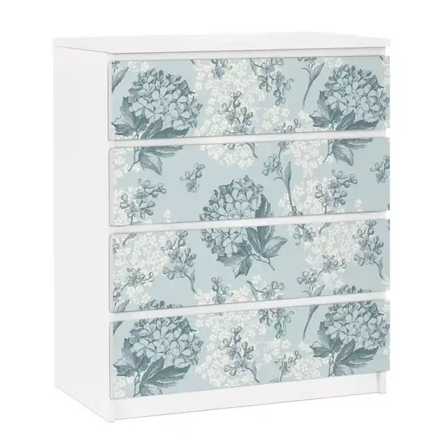 Aktuell Hortensia pattern in blue Möbelfolie für IKEA Malm Kommode 4 Schubladen