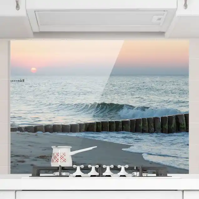 Markenprodukt Sonnenuntergang am Meer Spritzschutz