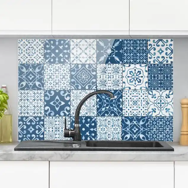 Fliesen Mustermix Blau Weiß Glas Spritzschutz - Querformat 3:2 Top-Preis