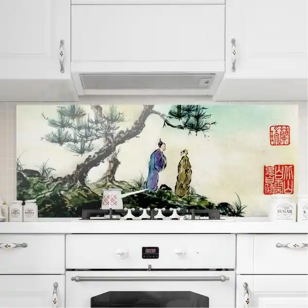 Japanische Aquarell Zeichnung Kiefer und Bergdorf Spritzschutz Neu