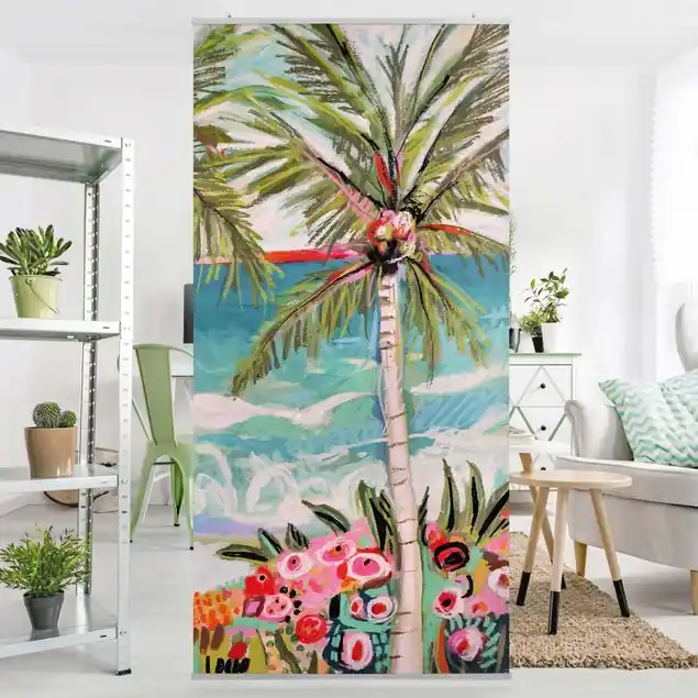 Billig Palme mit pinken Blumen II Raumteiler