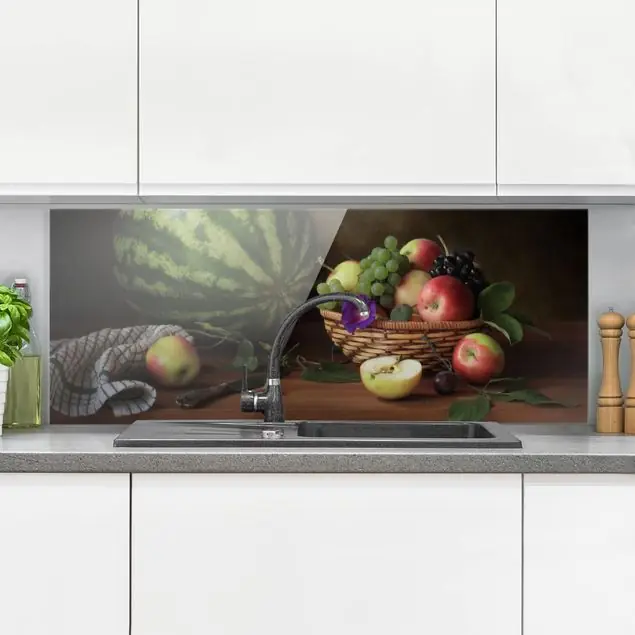 Neue Ware Stillleben mit Melone Glas Spritzschutz - Panorama