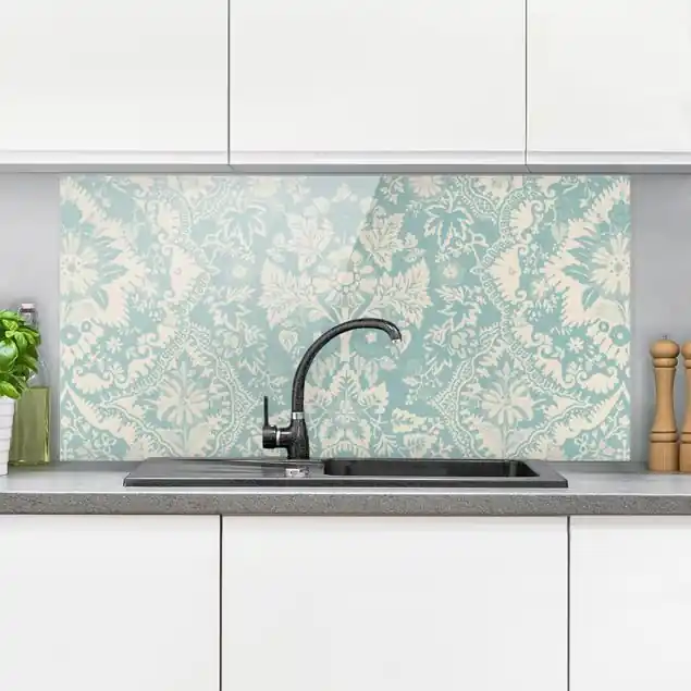 Saisonangebot Shabby Barocktapete in Azur II Spritzschutz