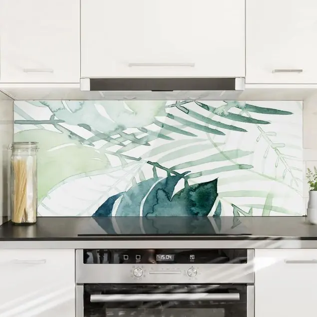 Saisonangebot Palmwedel in Wasserfarbe I Glas Spritzschutz - Panorama