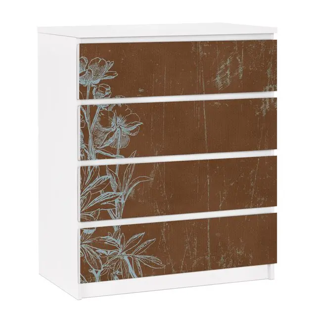 Blaue Blumenskizze Möbelfolie für IKEA Malm Kommode 4 Schubladen Echt
