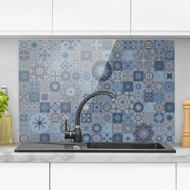 Kostenfreie Lieferung Art Deco Fliesen Blaugrau Marmor mit Goldschimmer Spritzschutz