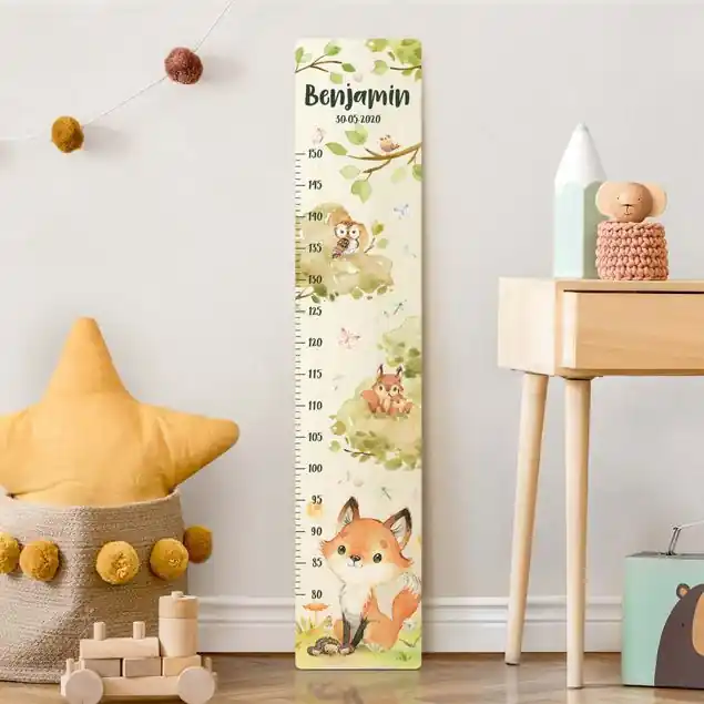 Kostenloser Rückversand Aquarell Fuchs mit Wunschname                               Kindermesslatte Holz