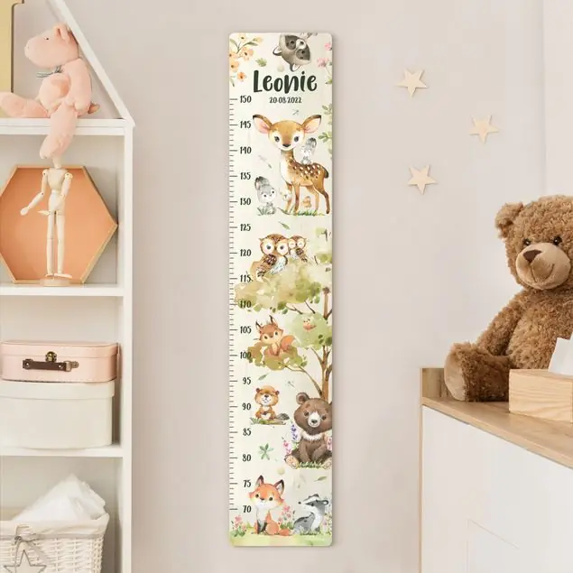 Rabatt Tiere aus dem Wald Aquarell mit Wunschname                               Kindermesslatte Holz