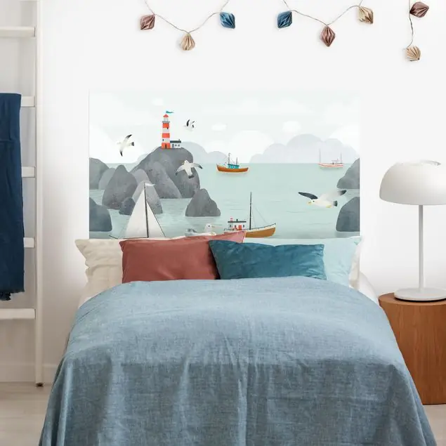 Neue Ware Meer mit Felsen, Booten und Möwen Kopfteil Bett