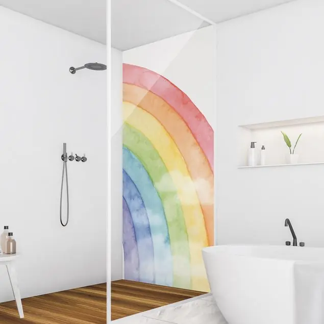 Regenbogen und Wolken Wasserfarben Duschrückwand Knallerangebot